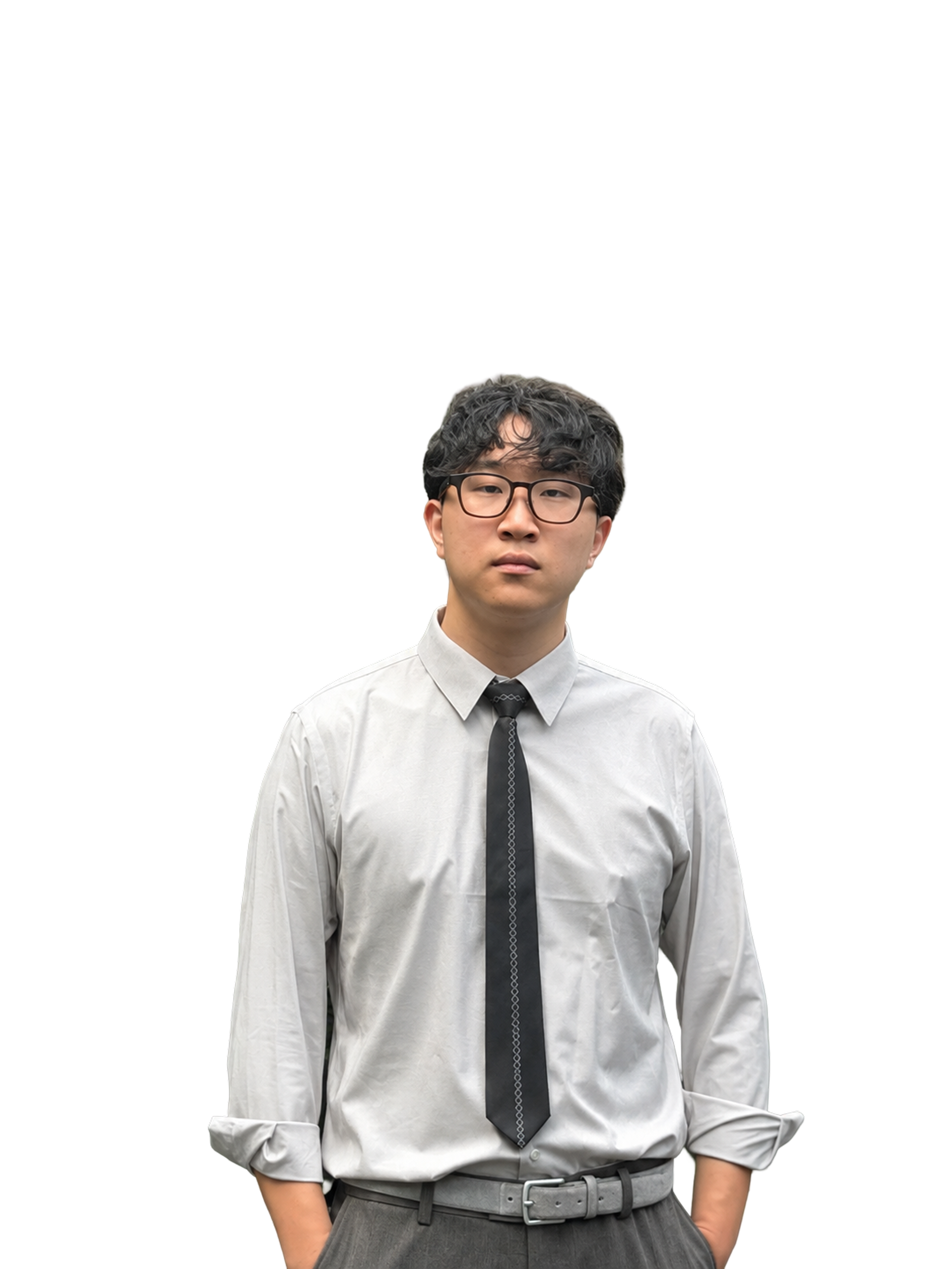 Leon Li wearing glasses, a white shirt, and a black tie