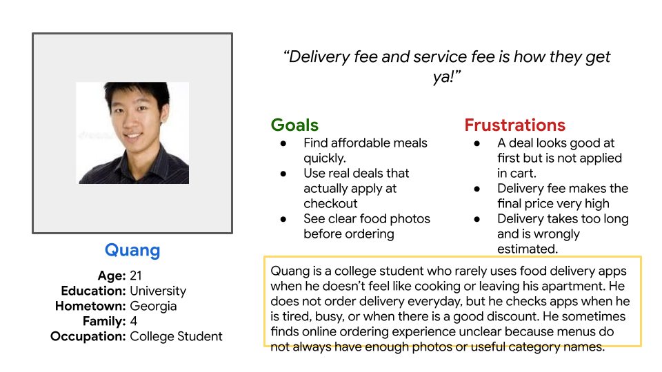 Quang, the primary persona, with goals and frustrations synthesized from the food-delivery research